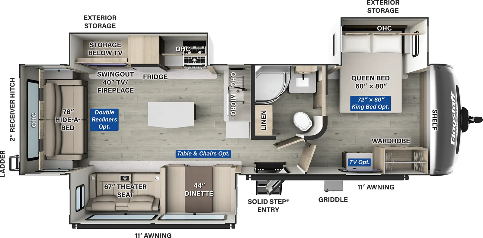 The Flagstaff Super Lite Travel Trailers 29RLBS has one entry and three slide outs. Exterior features include: fiberglass exterior and 11' & 11' awning. Interiors features include: kitchen island, free-standing dinette option, front bedroom and rear living.